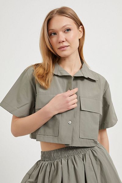 Arma Life Women's Double Pocket Short Sleeve Summer Khaki Crop Shirt