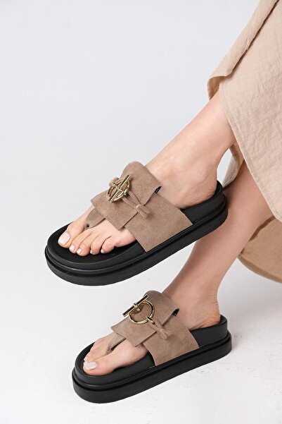 Mio Gusto Alison Genuine Suede Mink Color Platform Sole Flip Flops Women's Slippers