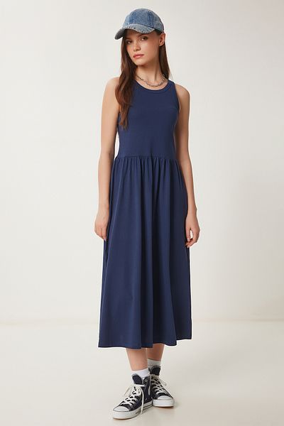 Lovelyİstanbul Rochie de bază tricotată de vară cu decolteu Halter ALBASTRU ÎNCHIS LCR0053