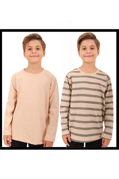 Perendi Παιδικό φούτερ Unisex 2 συσκευασιών - Crew Neck, μακρυμάνικο, ριγέ και μασίφ χακί μπεζ-μπεζ