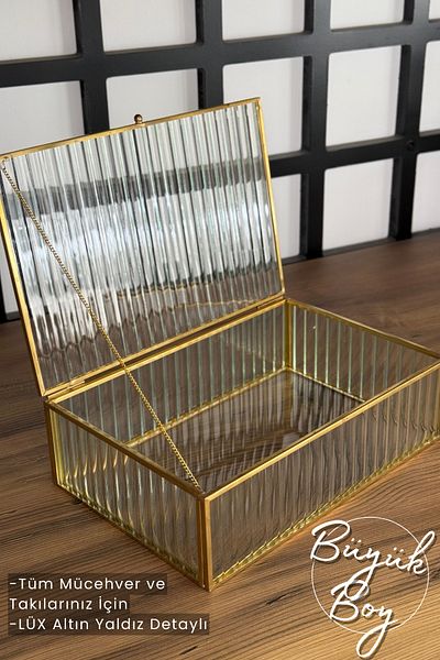 rubihome 24 cm Gold Detailed Glass Luxury Large Size Jewelry and Jewelry Box - 1 Piece