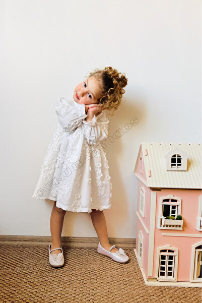 penu baby kids Beyaz Mevsimlik  Çiçek Figürlü Uzun Kol Kız Çocuk Kız Bebek Elbise