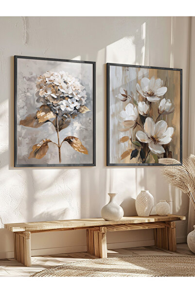 STARYUNA Yağlı boya efektli çiçekli altın renk dokunuşlu siyah ahşap çerçeveli 2'li tablo seti Yuna161