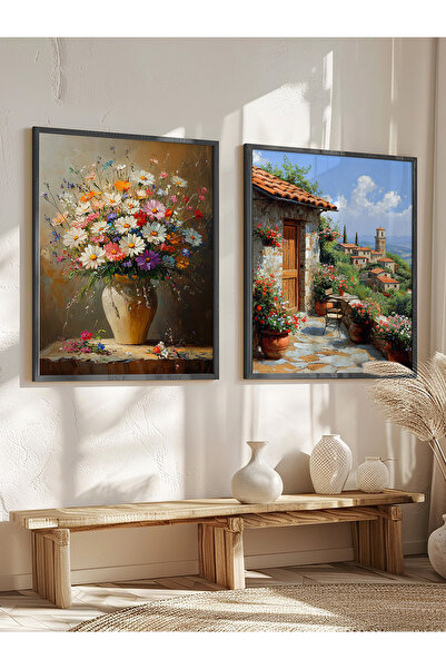 STARYUNA Siyah çerçeveli 2'li tablo seti,Yağlı boya efektli çiçekli modern vi...