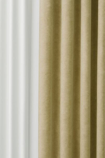 Cortibo Barcelona Beige Velvet Textured Background Curtain - Without Pleats