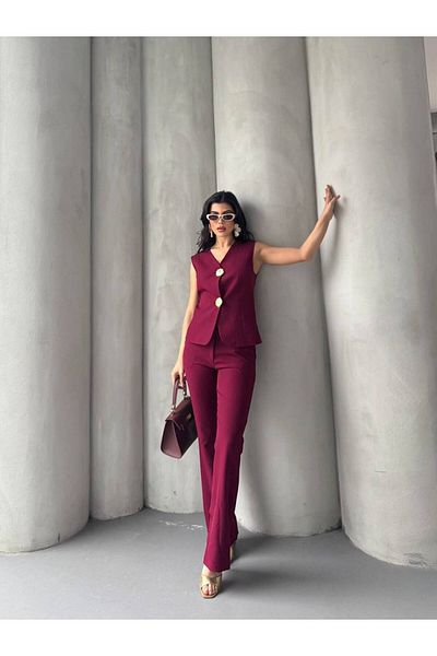 ZF BUTİK Women's Gold Buttoned Vest Pants Suit