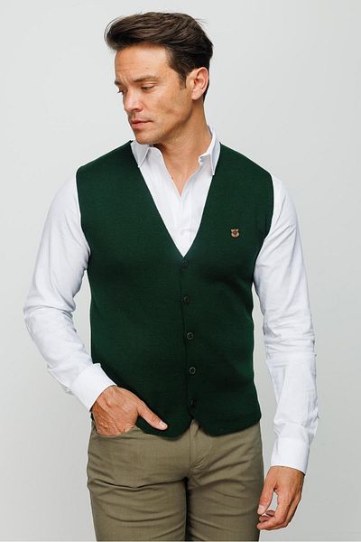Desen Triko Men's Fine Knitwear Plain Vest Green