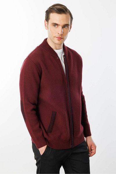 Desen Triko Men's Pique Woven Zippered Pocket Knitwear Coat Claret Red