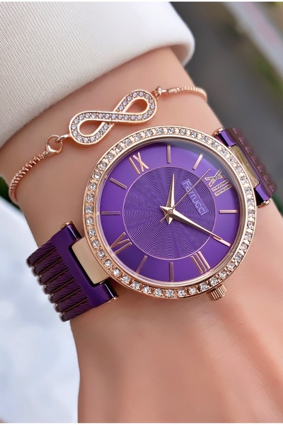 Ferrucci Marka Mor Renk Çelik Kordon 2 Yıl Garantili Kadın Kol Saati - Bileklik Hediyeli