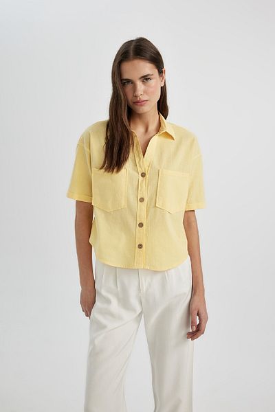 DeFacto Linen Blended Oversize Shirt Collar Blouse - Short Sleeve C6193axyl118