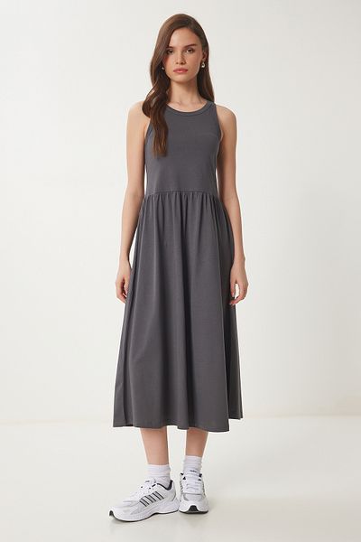 Lovelyİstanbul Summer Knitted Dress Halter Neck Basic Anthracite Lcr0053