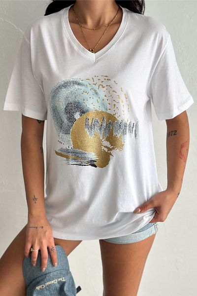 FEMELLE Women's White V-Neck Plus Size Sequin Sequin Embroidered 100% Cotton T-Shirt