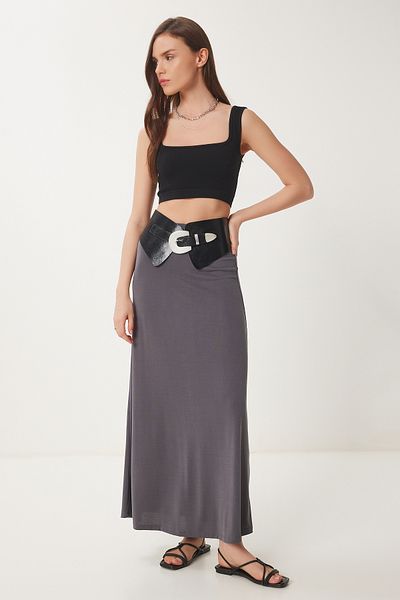 Lovelyİstanbul Summer Thin Midi Knitted Skirt Smoked Lhc0004