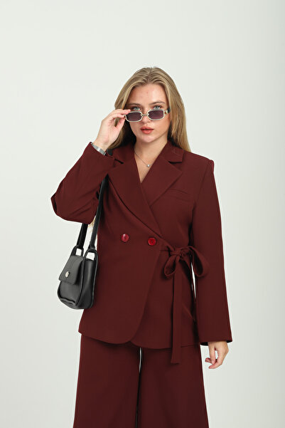 Milamia Jachetă cu nasturi și cravată Burgundy supradimensionat cu două rându...