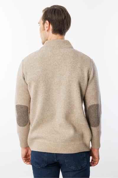 Desen Triko Men's Pique Woven Zippered Pocket Knitwear Coat Dark Beige