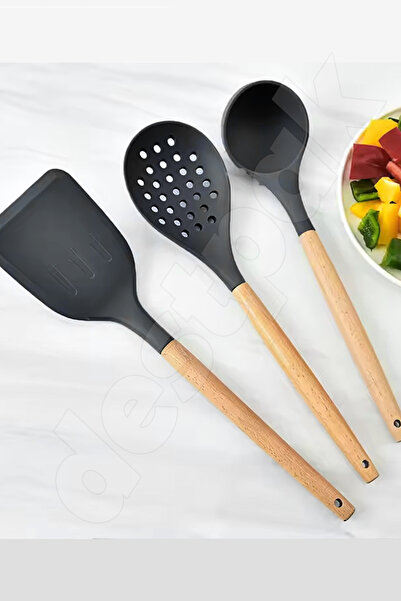 Destpak 11-Piece Silicone Serving Set with Bamboo Handles - Ladle, Colander, Tongs, Spatula Set - Fireproof Silicone Set