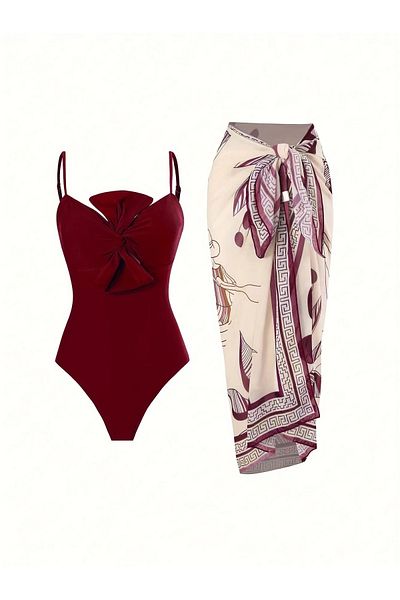 Behills Vintage Pareo Strapless Swimsuit Suit Second Layer Bow Detail