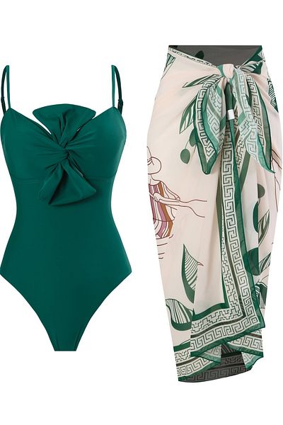 Behills Vintage Pareo Strapless Swimsuit Suit Second Layer Bow Detail