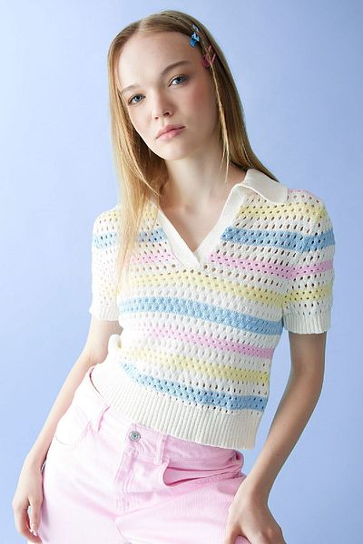 DeFacto Colorful Polo Collar Crochet Knitwear T-Shirt - Short Sleeve C6889ax24sp