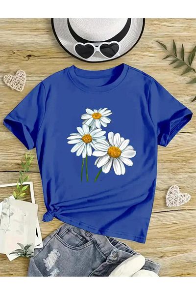 Afternoon Kids تي شيرت Saks Blue "Triple Daisy" للفتيات مطبوع من الأمام