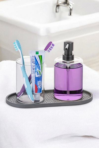 Tilbe Home 3 قطعة سيليكون مكافحة زلة وعاء الزيت وسادة حامل الصابون عرض صينية البيضاوي طبق للوجبات الخفيفة حامل 2 مقصورة