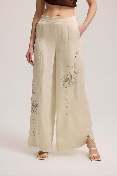 BAQA Stone Embroidered Light Beige Wide Leg Trousers