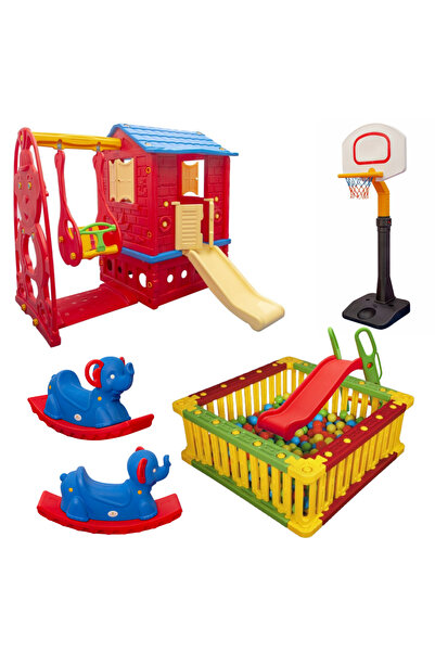 Genel Markalar Salıncak - Kaydıraklı Oyun Evi - Top Havuzu Seti - Büyük Basket Potası - 2 Sallanan Fil