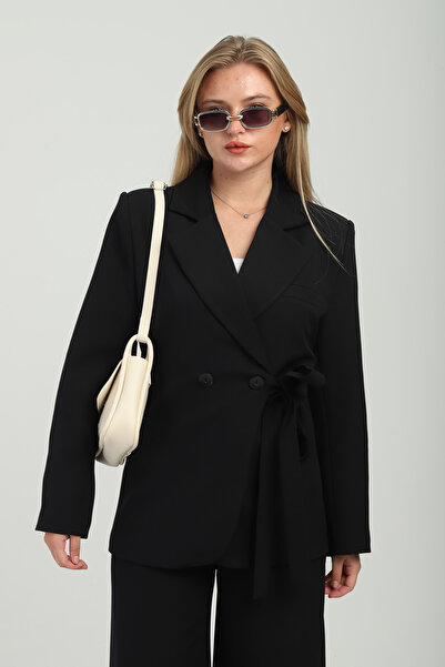 Milamia Düğmeli Bağlamalı Siyah Oversize Kruvaze Ceket