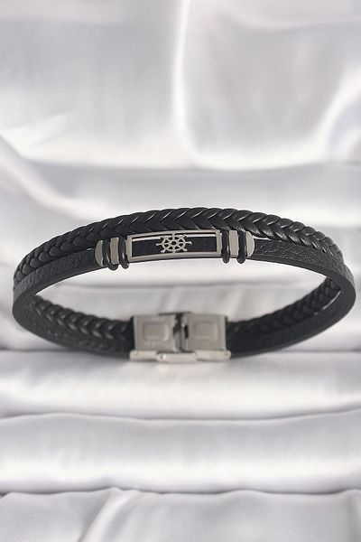 Clariss 316L Steel Silver Color Ship Wheel Figure Black Twist Leather Cord Model Men's Bracelet