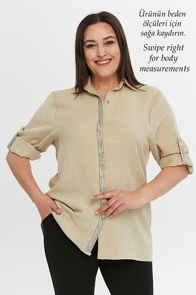 Laden Plus Size Women's Cotton Linen Mother's Spring Seasonal Stone Beige Shirt