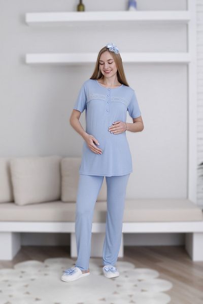LOHOUSE Set de pijamale de maternitate pentru femei, albastru, design simplu, 3 piese, cu halat de baie