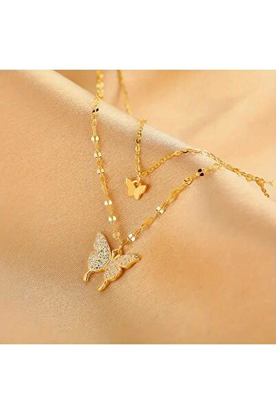 FASHİON JEWELRY Women's Heart İkili Kelebekli Bijuteri Kolye