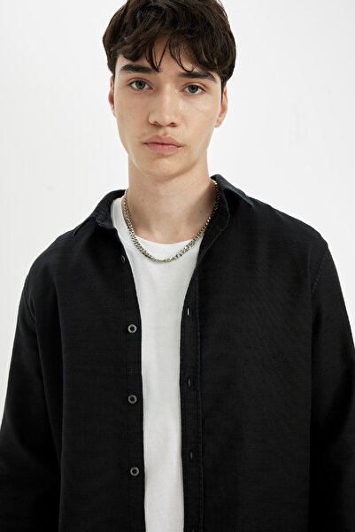 DeFacto Slim Fit Slim Fit Polo Neck Basic Solid Cotton Long Sleeve Shirt 25K801T00651