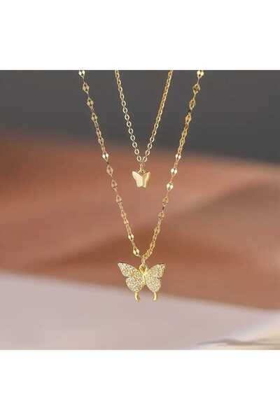 FASHİON JEWELRY Women's Heart İkili Kelebekli Bijuteri Kolye