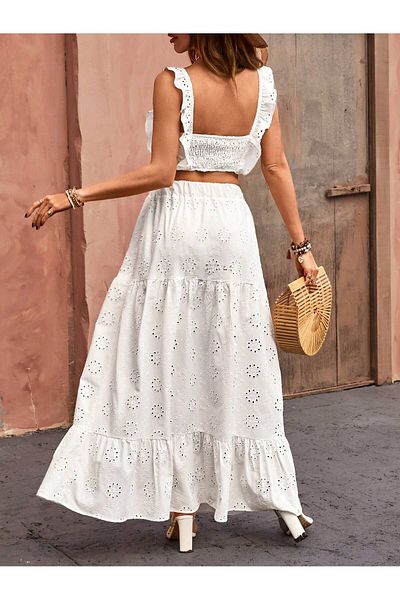 mass fashion Women's Lined Brode Embroidery Detailed Suspender Skirt Set