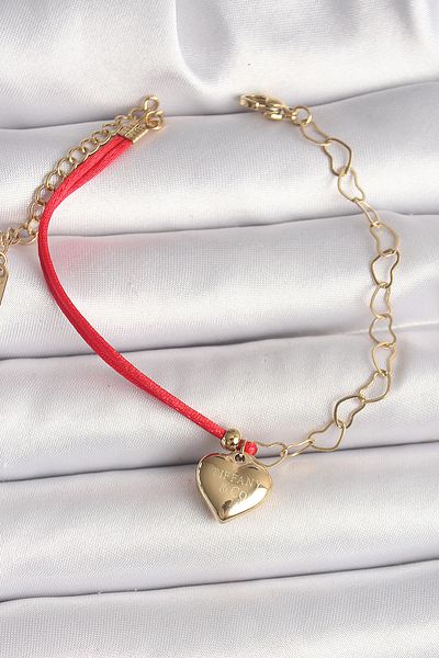 SeyCey.co 316L Steel Gold Color Chain Red Rope Model Hanging Heart Figure Engraved Detailed Women's Bracelet