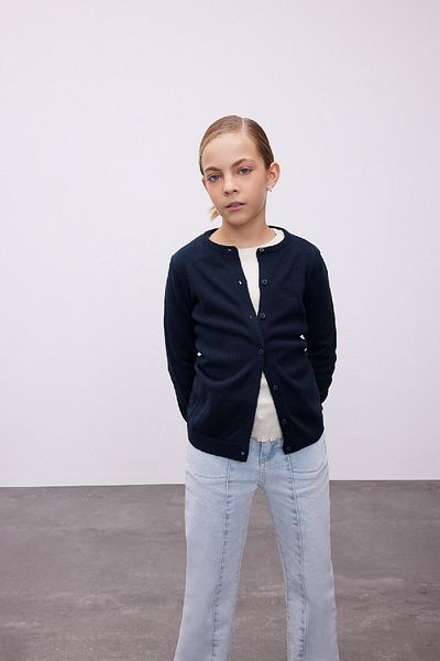 DeFacto Girl's Crew Neck Buttoned Navy Blue Basic Plain Knitwear School Cardigan N8407A624Au