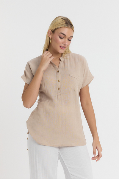 TCT TEKSTİL Women's Short Sleeve Blouse - Muslin Judge Collar Blouse - 1130