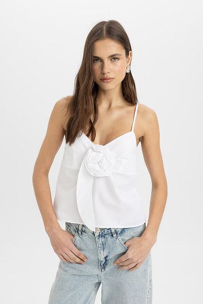DeFacto Ποπλίνα V-Neck White Strap Μπλούζα - C8530AX24SM