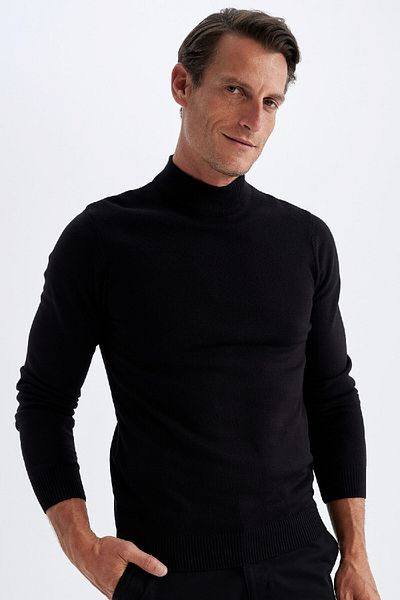 DeFacto Schwarzer Slim-Fit-Slim-Fit-Pullover mit halbem Rollkragen, Basic-Solid-Strickpullover R1127az24wn