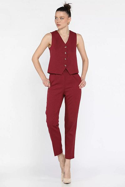GÜLSELİ Claret Red Women's Button Detailed Lined Vest Trousers Set of Two