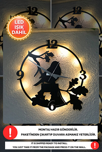 Dekorvin Led Işıklı Kuş Mutfak Duvar Saati Sessiz Dekoratif Modern Siyah Ahşa...