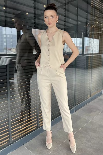 GÜLSELİ Stone Women's Button Detailed Lined Vest Trousers Set of Two