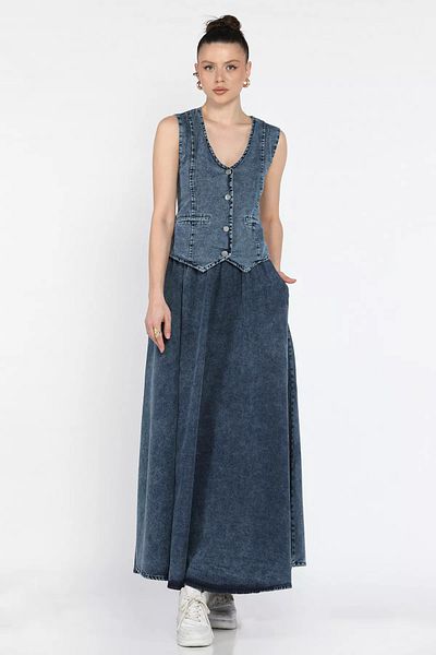GÜLSELİ Blue Women's Pocket Skirt Vest Jean Jeans Double Set