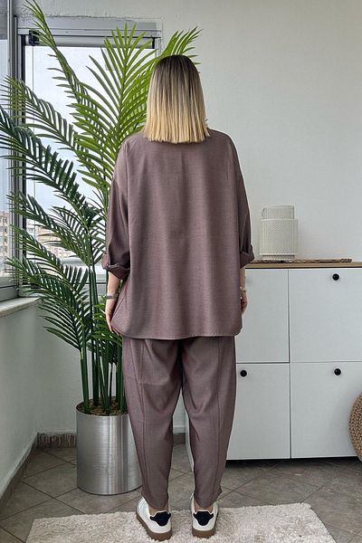 Kubos Moda Linen Textured Brown Shirt Pants Set