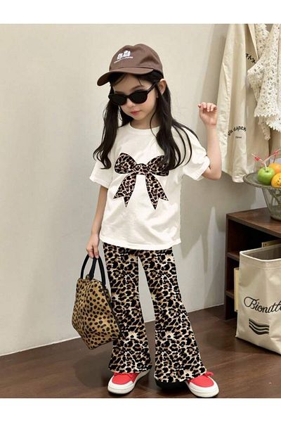 MORNİNG KİDS Mother Daughter Matching Set - White T-Shirt, Ribbon and Leopard Print Flared Trousers