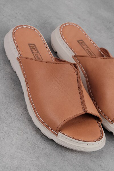 Lal Shoes & Bags Vosila Women's Genuine Leather Slippers with Front Seam Detail - Tan