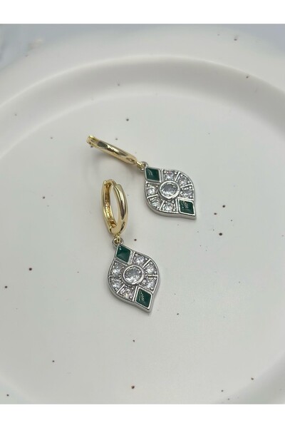 MyladyAccessoriess Yeşil Taş Detaylı Sallantılı Vintage Çelik Küpe