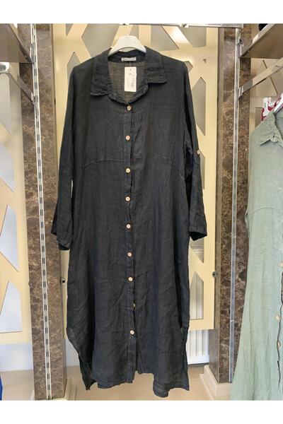 günay boutıque %100 keten italyan uzun Gömlek Elbise-bordo