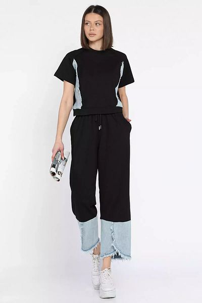 GÜLSELİ Black Women's Denim Garnished Tassel T-Shirt Pants Double Set